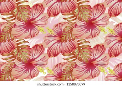Tropical pattern. Red pink green exotic summer flower vector background. Beauty fasion monstera, palm leaves and hibiscus flowers. Hawaiian tropic jungle endless print. Natural swimwear design.