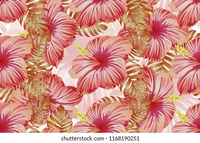 Tropical pattern. Red pink green exotic summer flower vector background. Beauty fasion monstera, palm leaves and hibiscus flowers. Hawaiian tropic jungle endless print. Natural swimwear design.
