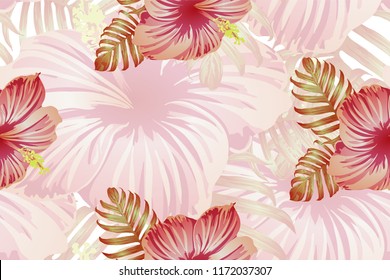 Tropical pattern. Red pink green exotic summer flower vector background. Beauty fasion monstera, palm leaves and hibiscus flowers. Hawaiian tropic jungle endless print. Natural swimwear design.