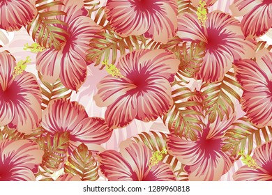 Tropical pattern. Red pink green exotic summer flower vector background. Beauty fasion monstera, palm leaves and hibiscus flowers. Hawaiian tropic jungle endless print. Natural swimwear design.