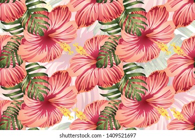 Tropical pattern. Red pink green exotic summer flower vector background. Beauty fasion monstera, palm leaves and hibiscus flowers. Hawaiian tropic jungle endless print. Natural swimwear design.