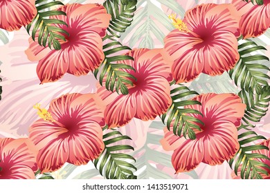 Tropical pattern. Red pink green exotic summer flower vector background. Beauty fasion monstera, palm leaves and hibiscus flowers. Hawaiian tropic jungle endless print. Natural swimwear design.