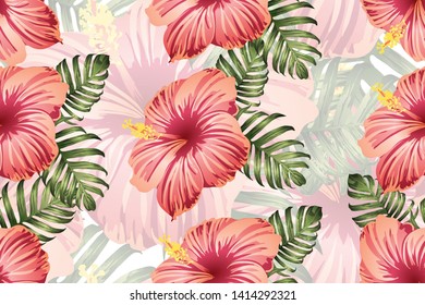 Tropical pattern. Red pink green exotic summer flower vector background. Beauty fasion monstera, palm leaves and hibiscus flowers. Hawaiian tropic jungle endless print. Natural swimwear design.