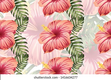 Tropical pattern. Red pink green exotic summer flower vector background. Beauty fasion monstera, palm leaves and hibiscus flowers. Hawaiian tropic jungle endless print. Natural swimwear design.