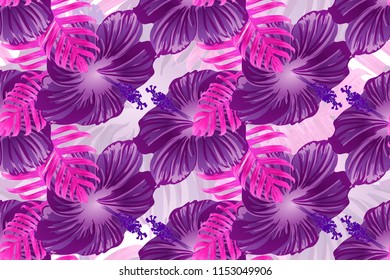 Tropical pattern. Red pink magenta exotic summer flower vector background. Beauty fasion monstera, palm leaves and hibiscus flowers. Hawaiian tropic jungle endless print. Natural swimwear design.