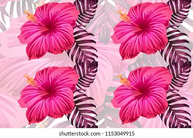 Tropical pattern. Red pink magenta exotic summer flower vector background. Beauty fasion monstera, palm leaves and hibiscus flowers. Hawaiian tropic jungle endless print. Natural swimwear design.