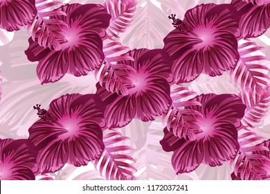 Tropical pattern. Red pink magenta exotic summer flower vector background. Beauty fasion monstera, palm leaves and hibiscus flowers. Hawaiian tropic jungle endless print. Natural swimwear design.