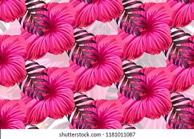 Tropical pattern. Red pink magenta exotic summer flower vector background. Beauty fasion monstera, palm leaves and hibiscus flowers. Hawaiian tropic jungle endless print. Natural swimwear design.