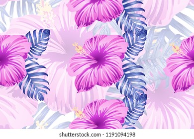 Tropical pattern. Red pink magenta exotic summer flower vector background. Beauty fasion monstera, palm leaves and hibiscus flowers. Hawaiian tropic jungle endless print. Natural swimwear design.