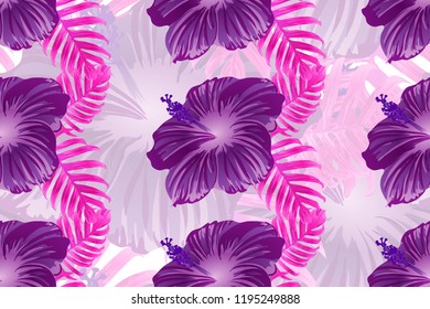Tropical pattern. Red pink magenta exotic summer flower vector background. Beauty fasion monstera, palm leaves and hibiscus flowers. Hawaiian tropic jungle endless print. Natural swimwear design.