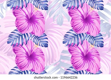 Tropical pattern. Red pink magenta exotic summer flower vector background. Beauty fashion monstera, palm leaves and hibiscus flowers. Hawaiian tropic jungle endless print. Natural swimwear design.