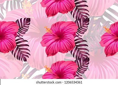 Tropical pattern. Red pink magenta exotic summer flower vector background. Beauty fasion monstera, palm leaves and hibiscus flowers. Hawaiian tropic jungle endless print. Natural swimwear design.