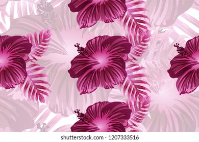 Tropical pattern. Red pink magenta exotic summer flower vector background. Beauty fasion monstera, palm leaves and hibiscus flowers. Hawaiian tropic jungle endless print. Natural swimwear design.
