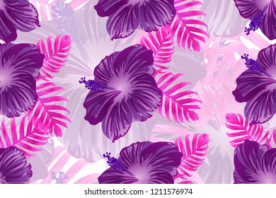 Tropical pattern. Red pink magenta exotic summer flower vector background. Beauty fasion monstera, palm leaves and hibiscus flowers. Hawaiian tropic jungle endless print. Natural swimwear design.