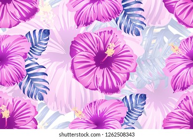Tropical pattern. Red pink magenta exotic summer flower vector background. Beauty fasion monstera, palm leaves and hibiscus flowers. Hawaiian tropic jungle endless print. Natural swimwear design.