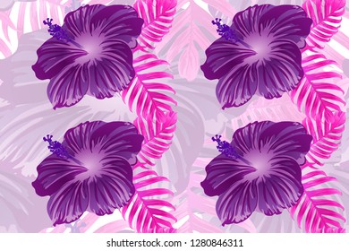 Tropical pattern. Red pink magenta exotic summer flower vector background. Beauty fasion monstera, palm leaves and hibiscus flowers. Hawaiian tropic jungle endless print. Natural swimwear design.