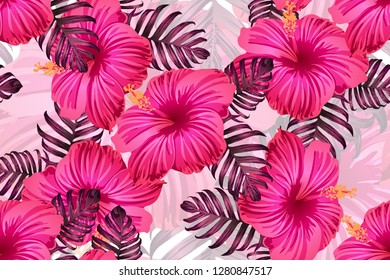 Tropical pattern. Red pink magenta exotic summer flower vector background. Beauty fasion monstera, palm leaves and hibiscus flowers. Hawaiian tropic jungle endless print. Natural swimwear design.