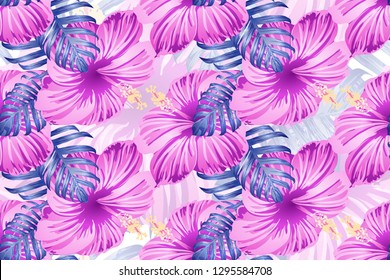 Tropical pattern. Red pink magenta exotic summer flower vector background. Beauty fasion monstera, palm leaves and hibiscus flowers. Hawaiian tropic jungle endless print. Natural swimwear design.