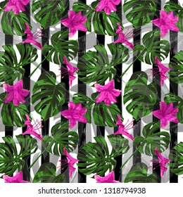 Tropical Pattern. Repeatable Illustration. Exotic Palm Greenery Backdrop. Summer Design for Swimwear. Tropical Pattern with Monstera Leaves.