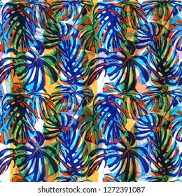 Tropical Pattern. Repeating Illustration. Exotic Palm Greenery Backdrop. Summer Design for Swimwear. Tropical Pattern with Monstera Leaves.