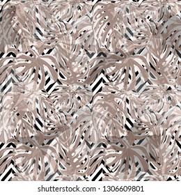 Tropical Pattern. Repeating Illustration. Exotic Palm Greenery Backdrop. Summer Design for Swimwear. Tropical Pattern with Monstera Leaves.