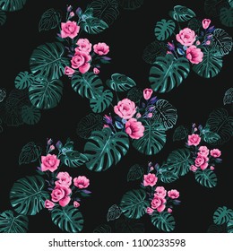 Tropical pattern with rose, monstera leaf and flowers, palm foliage. Vintage watercolor print with tropic flora. Summer seamless pattern background with floral elements on black backdrop.