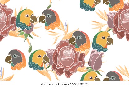 Tropical pattern of roses and bird of paradise flowers with exotic parrots. Vintage vector botanical illustration. Seamless background, texture, wrapper pattern, frame or border. Digital nature art.