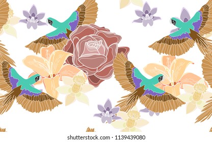 Tropical pattern of roses and hawaiian flowers with exotic golden parrots. Vintage vector botanical illustration. Seamless background, texture, wrapper pattern, frame or border. Digital nature art.