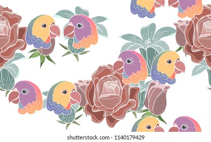 Tropical pattern of roses and hawaiian flowers with exotic parrots. Vintage vector botanical illustration. Seamless background, texture, wrapper pattern, frame or border. Digital nature art.