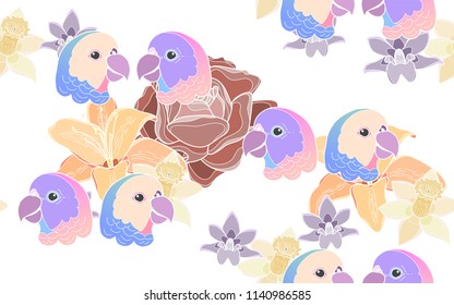 Tropical pattern of roses and hawaiian flowers with exotic parrots. Vintage vector botanical illustration. Seamless background, texture, wrapper pattern, frame or border. Digital nature art.