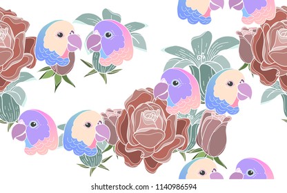 Tropical pattern of roses and hawaiian flowers with exotic parrots. Vintage vector botanical illustration. Seamless background, texture, wrapper pattern, frame or border. Digital nature art.