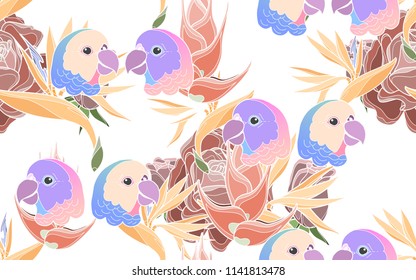 Tropical pattern of roses and hawaiian flowers with exotic parrots. Vintage vector botanical illustration. Seamless background, texture, wrapper pattern, frame or border. Digital nature art.