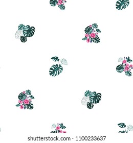 Tropical pattern with roses, monstera and palm leaves. Vintage square watercolor print with tropic foliage. Summer seamless pattern background with floral elements on white backdrop.