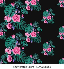 Tropical pattern with roses. Vintage square watercolor print with tropic leaves. Summer seamless pattern background with floral elements on black backdrop.
