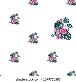 Tropical pattern with roses. Vintage square watercolor print with tropic leaves. Summer seamless pattern background with floral elements on white backdrop.