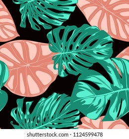 Tropical Pattern. Seamless Background with Hand Drawn Leaves of Monstera and Alocasia. Exotic Rapport for Textile, Fabric. Vector Seamless Pattern with Tropic Plants. Jungle Foliage. Watercolor Style.
