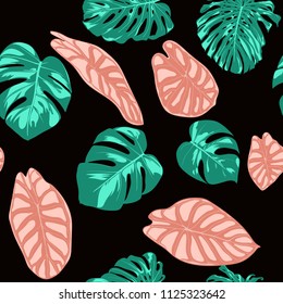 Tropical Pattern. Seamless Background with Hand Drawn Leaves of Monstera and Alocasia. Exotic Rapport for Textile, Fabric. Vector Seamless Pattern with Tropic Plants. Jungle Foliage. Watercolor Style.