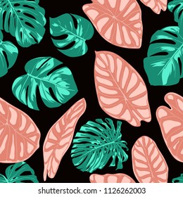 Tropical Pattern. Seamless Background with Hand Drawn Leaves of Monstera and Alocasia. Exotic Rapport for Textile, Fabric. Vector Seamless Pattern with Tropic Plants. Jungle Foliage. Watercolor Style.