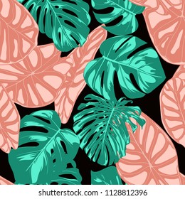 Tropical Pattern. Seamless Background with Hand Drawn Leaves of Monstera and Alocasia. Exotic Rapport for Textile, Fabric. Vector Seamless Pattern with Tropic Plants. Jungle Foliage. Watercolor Style.