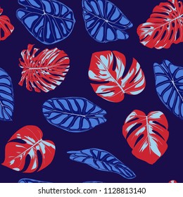 Tropical Pattern. Seamless Background with Hand Drawn Leaves of Monstera and Alocasia. Exotic Rapport for Textile, Fabric. Vector Seamless Pattern with Tropic Plants. Jungle Foliage. Watercolor Style.