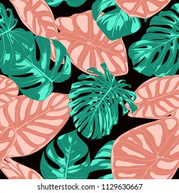 Tropical Pattern. Seamless Background with Hand Drawn Leaves of Monstera and Alocasia. Exotic Rapport for Textile, Fabric. Vector Seamless Pattern with Tropic Plants. Jungle Foliage. Watercolor Style.