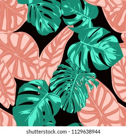 Tropical Pattern. Seamless Background with Hand Drawn Leaves of Monstera and Alocasia. Exotic Rapport for Textile, Fabric. Vector Seamless Pattern with Tropic Plants. Jungle Foliage. Watercolor Style.