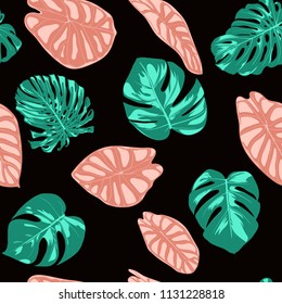 Tropical Pattern. Seamless Background with Hand Drawn Leaves of Monstera and Alocasia. Exotic Rapport for Textile, Fabric. Vector Seamless Pattern with Tropic Plants. Jungle Foliage. Watercolor Style.