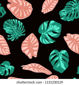 Tropical Pattern. Seamless Background with Hand Drawn Leaves of Monstera and Alocasia. Exotic Rapport for Textile, Fabric. Vector Seamless Pattern with Tropic Plants. Jungle Foliage. Watercolor Style.