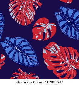 Tropical Pattern. Seamless Background with Hand Drawn Leaves of Monstera and Alocasia. Exotic Rapport for Textile, Fabric. Vector Seamless Pattern with Tropic Plants. Jungle Foliage. Watercolor Style.