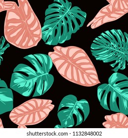 Tropical Pattern. Seamless Background with Hand Drawn Leaves of Monstera and Alocasia. Exotic Rapport for Textile, Fabric. Vector Seamless Pattern with Tropic Plants. Jungle Foliage. Watercolor Style.