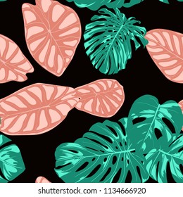 Tropical Pattern. Seamless Background with Hand Drawn Leaves of Monstera and Alocasia. Exotic Rapport for Textile, Fabric. Vector Seamless Pattern with Tropic Plants. Jungle Foliage. Watercolor Style.