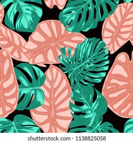 Tropical Pattern. Seamless Background with Hand Drawn Leaves of Monstera and Alocasia. Exotic Rapport for Textile, Fabric. Vector Seamless Pattern with Tropic Plants. Jungle Foliage. Watercolor Style.