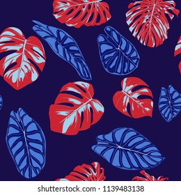 Tropical Pattern. Seamless Background with Hand Drawn Leaves of Monstera and Alocasia. Exotic Rapport for Textile, Fabric. Vector Seamless Pattern with Tropic Plants. Jungle Foliage. Watercolor Style.