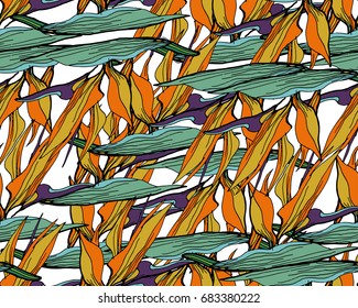 Tropical Pattern. Seamless Background With Palm  Leaves,  And Tropical Flowers. For Textile Or Book Covers, Manufacturing, Wallpapers, Print, Gift Wrap And Scrapbooking